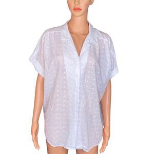 Keri Ann White Eyelet Button-Up Blouse Womens Size 1X Short Sleeve Lightweight